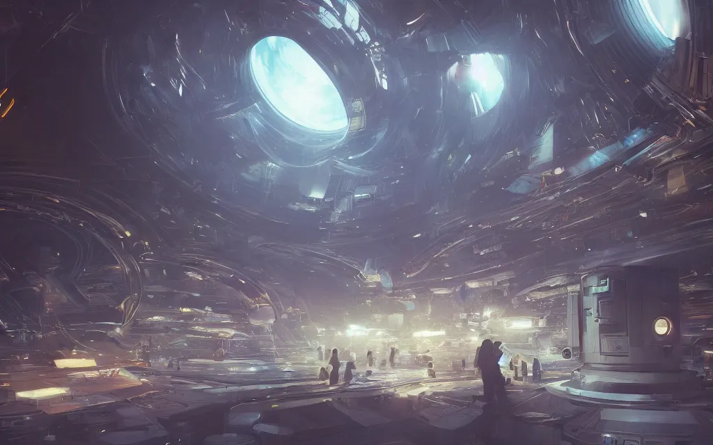 Prompt: large teleporter in space inside a bustling space market, concept art, digital art, illustration, sharp focus, octane render, by julian calle, trending on artstation
