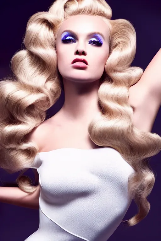 Image similar to Blonde woman with Hollywood wave hairstyle in rave dress, dynamic pose, many details, photo for a magazine, photo for a store, fashion photography, Vogue, cinematic, hyper realism, high detail, 8k, very coherent symmetrical work, perfect face model, full length photo, Upper and lower body, white skin tone, white eyes, photographer style by Nik Night Erik Madigan Hec and Walter Chin and Camilla Akrans and Miles Aldridge