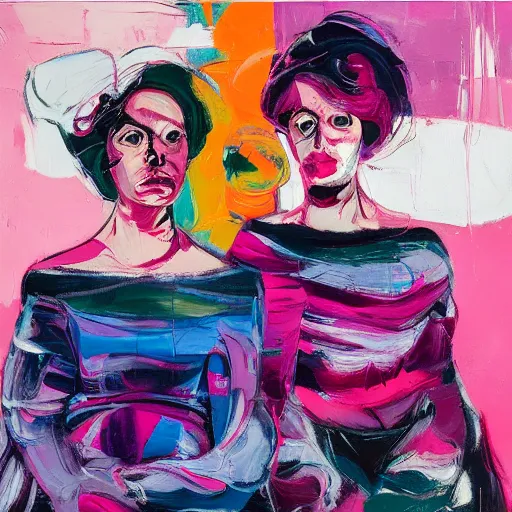 Image similar to a portrait of two beautiful 3 0 year old sisters in a scenic environment by francoise nielly, francis bacon