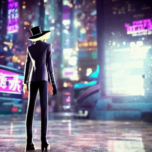 Image similar to beautiful anime woman, pinstripe suit, top hat, cyberpunk background, rendered in octane, unreal engine, raining, highly detailed, trending on artstation, realistic, neon