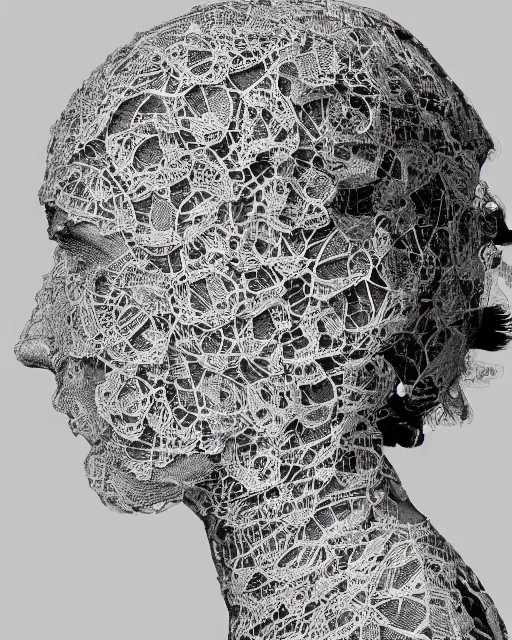 Image similar to a woman's face in profile, made of intricate decorative lace leaf skeleton, in the style of the dutch masters and gregory crewdson, dark and moody