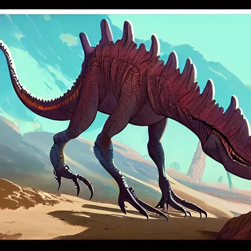 Image similar to concept art painting of alien dinosaurs, detailed, cel shaded, in the style of makoto shinkai and moebius and james gurney