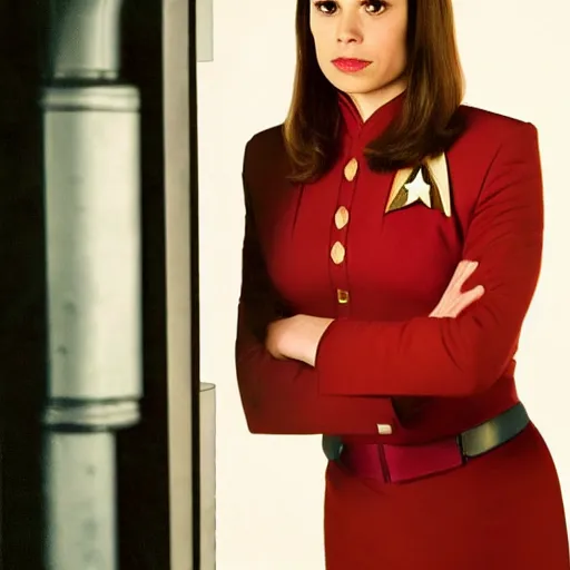 Image similar to a beautiful full body photograph of younger hayley atwell as a star fleet officer from star trek next generation, full dress uniform, symmetrical face, extreme realism and detail, 8 k, completely framed, direct lighting, 3 5 mm photo, photorealistic, sharp focus