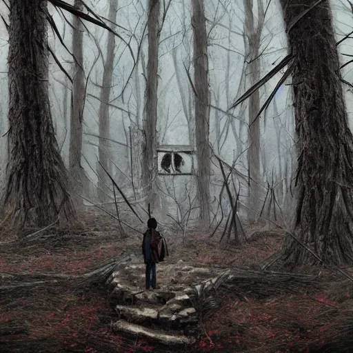 Image similar to The Blair Witch Project, Award winning concept art, wide angle shot, artstation, oil painting