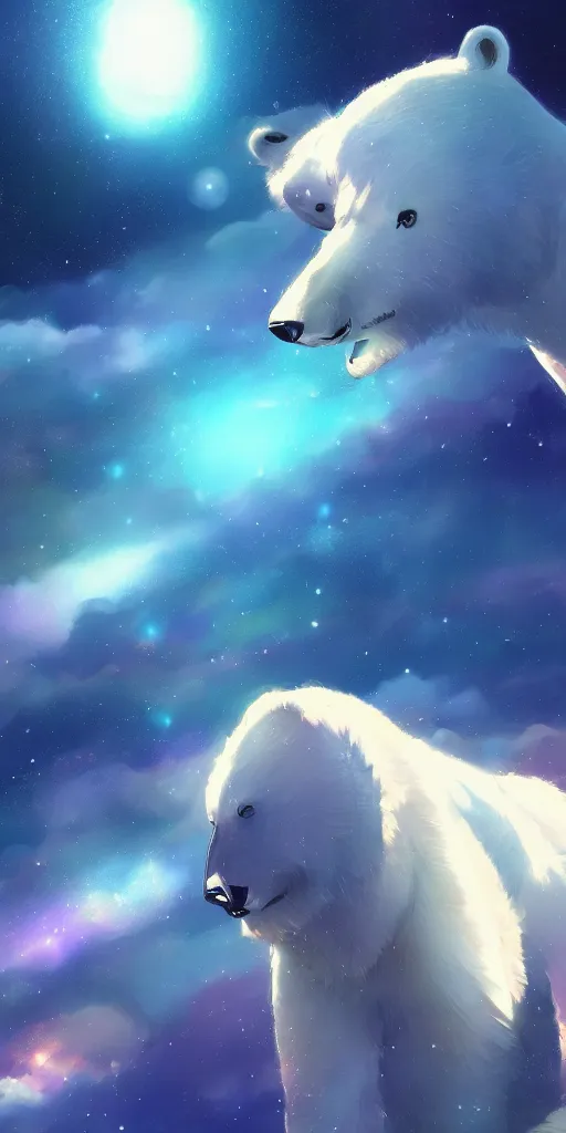 Prompt: a beautiful illustration of a polar bear in space, beautiful woman, wide angle, by makoto shinkai, wu daozi, very detailed, deviantart, 4 k vertical wallpaper, tropical, colorful, airy, anime illustration, anime nature wallpap