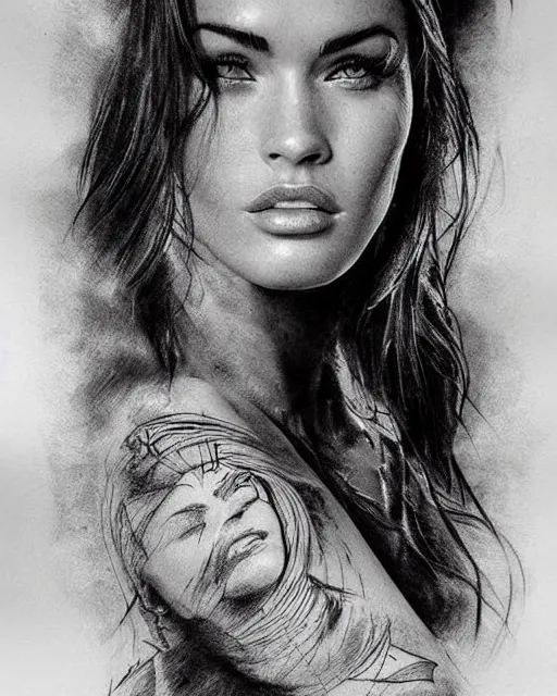 Image similar to double exposure effect tattoo sketch of a megan fox portrait blended with beautiful mountain scenery, surreal, in the style of matteo pasqualin, amazing detail, sharp