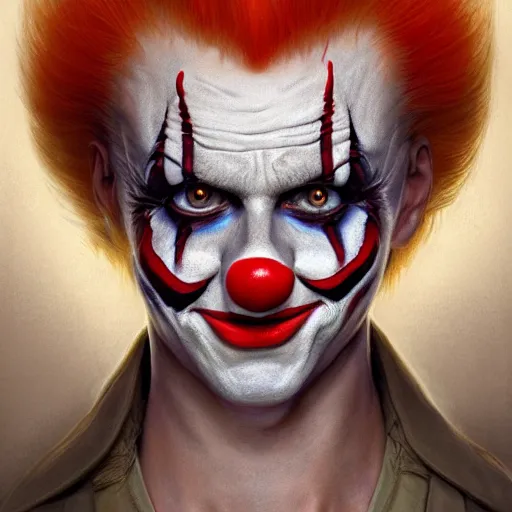 Image similar to perfectly - centered - portrait of a psycho clown, intricate, highly detailed, digital painting, artstation, concept art, smooth, sharp focus, illustration, unreal engine 5, 8 k, art by artgerm and greg rutkowski and alphonse mucha