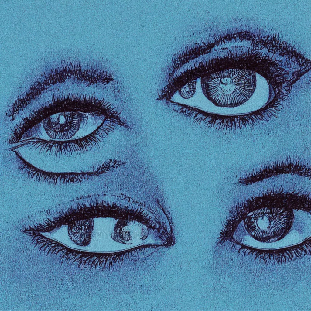 Image similar to 1 9 8 0 s professional airbrush illustration of eyes and crystals on a blue background