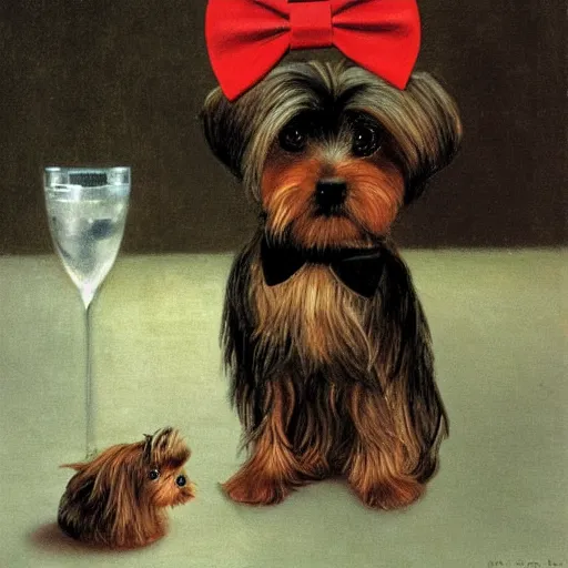 Image similar to a Yorkshire terrier at a bar wearing a bow tie, extremely detailed masterpiece, illustration, by Michael Sowa,