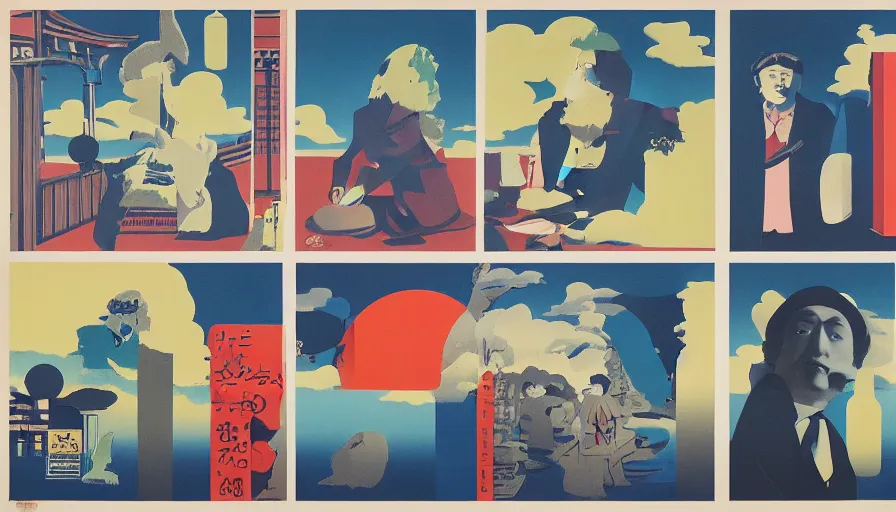 Image similar to Japan travel discoveries and sights explorations, a poster design for a contemporary graphic design exhibition, by Rene Magritte, Andy Warhol, Alex Yanes, Tadanori Yokoo, Yoshio Awazu