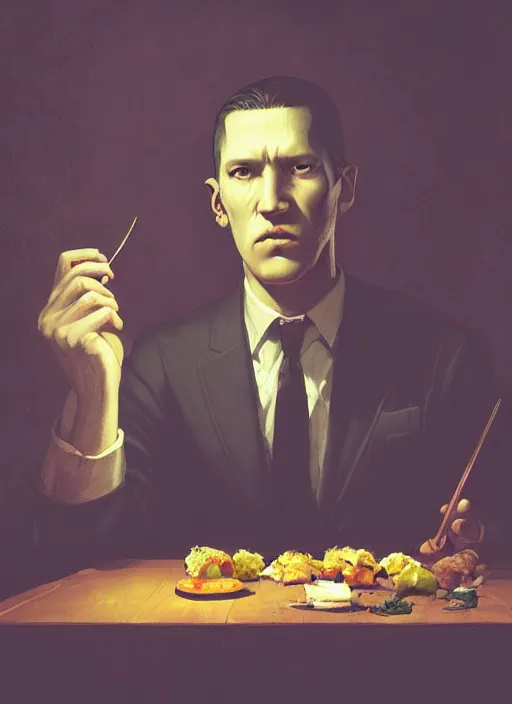 Image similar to highly detailed portrait of h p lovecraft eating shushi by greg rutkowski, mike mignola, tom bagshaw artgerm and ross tran, beautiful dramatic dark moody lighting, cinematic atmosphere, glossy magazine painting, global illumination, deep color, 8 k resolution, high details, flickr, dslr, artstation