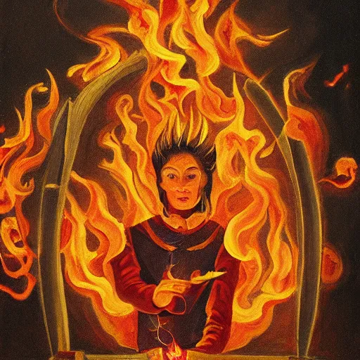 Prompt: fantasy painting of a magician casting a spell of fire with glyphs and flames