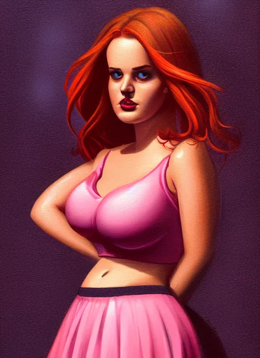 Image similar to full body portrait of teenage cheryl blossom, obese, bangs, sultry, realistic, red hair, sultry smirk, wavy hair, pink skirt, fat, belly, intricate, elegant, glowing lights, highly detailed, digital painting, artstation, concept art, smooth, sharp focus, illustration, art by wlop, mars ravelo and greg rutkowski