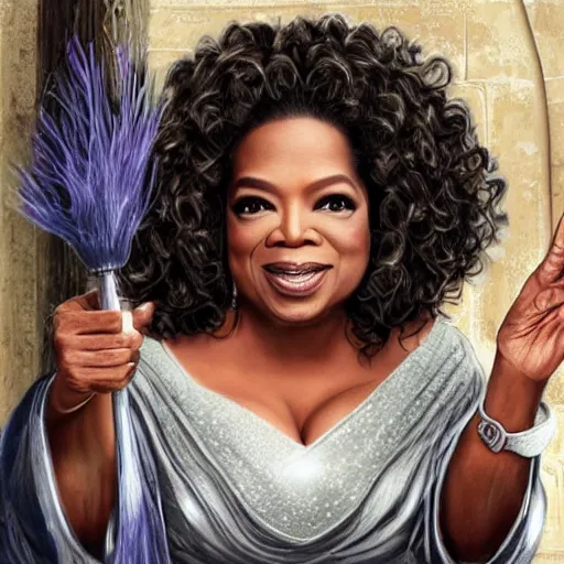 Prompt: Oprah Winfrey in Hogwarts from Harry Potter, waving a magic wand, holding a broomstick, flashes are emerging from the magic wand, photorealistic, highly detailed