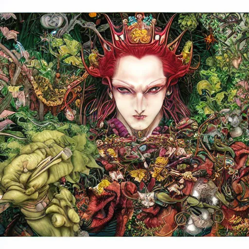 Image similar to portrait of crazy king of hearts with vegetation around, symmetrical, by yoichi hatakenaka, masamune shirow, josan gonzales and dan mumford, ayami kojima, takato yamamoto, barclay shaw, karol bak, yukito kishiro