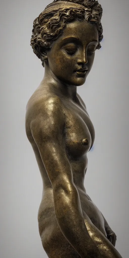 Image similar to detailed photo of an old bronze patina statue of a beautiful aphrodite nymphea portrait, intricate detail, museum diffuse lighting