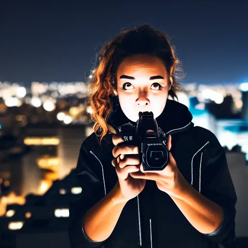 Image similar to photographic portrait of a techwear woman the camera a bullet, closeup, on the rooftop of a futuristic city at night, sigma 85mm f/1.4, 4k, depth of field, high resolution, full color, award winning photography