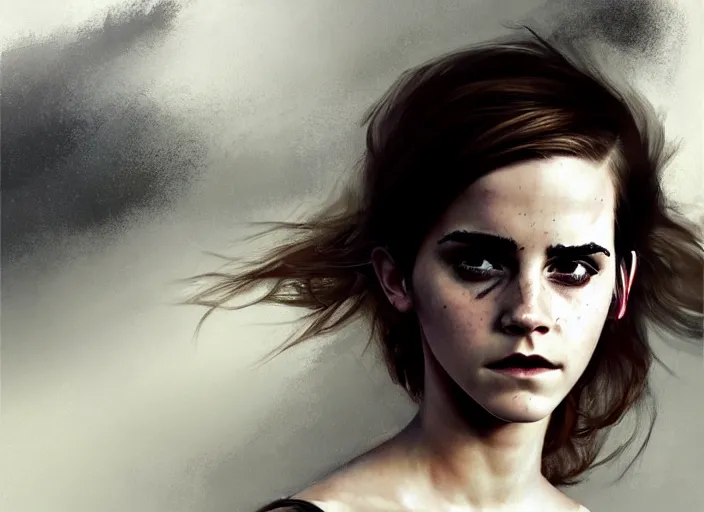 Image similar to emma watson white dress girl chasing from grim reaper, messy hair, messy lines, scared face, dramatic situation, specular reflection, occlusion shadow, intricate, bokeh, by ilya kuvshinov and jeremy lipking and quentin mabille