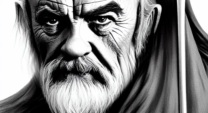 Image similar to sean connery playing gandalf in lord of the rings ( 2 0 0 1 ), award winning character art, by various concept artists, hyperrealistic face, photorealistic render