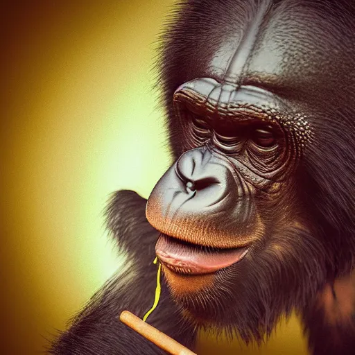 Image similar to a high detail shot of a chimp wearing a suit, smoking a cigar, render, cgsociety, photorealism