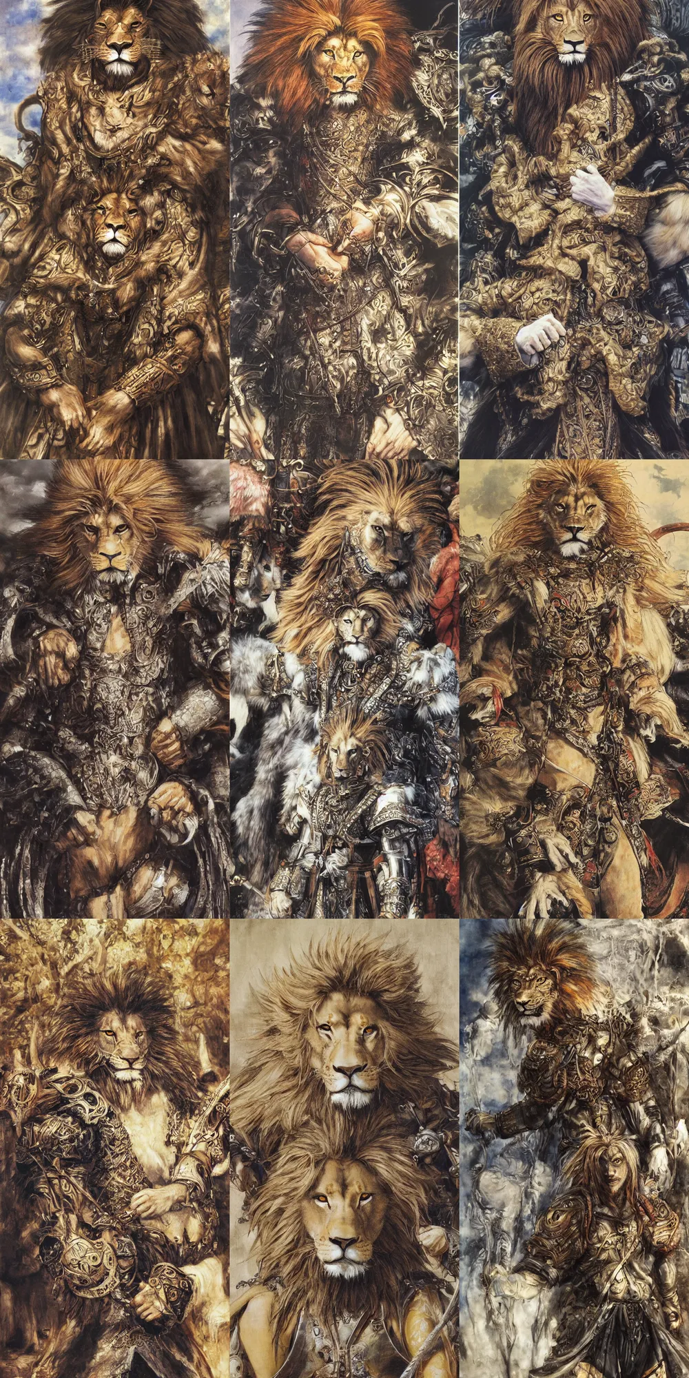 Image similar to 8 k yoshitaka amano painting of upper body of a young cool looking lion beastman with white mane at a medieval market at windy day. depth of field. he is wearing complex fantasy clothing. he has huge paws. renaissance style lighting.