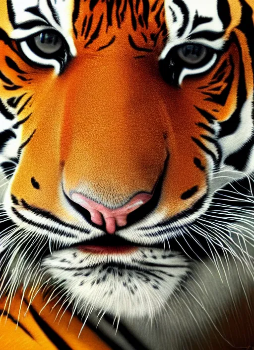 Prompt: a colour photo of a tiger, a photorealistic painting by christian w. staudinger, behance, hyperrealism, hyper realism, majestic, wallpaper