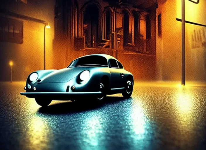 Image similar to beautiful extreme photo in style of frontiers rendered in octane 3d , stunning, coherent, beautiful painting, still of a Mysterious figure swings a heavy sledgehammer at a silver Porsche 550 with its headlights on, parked on the side of the road in the city of Cologne in the rain, by George Tooker, moody, ominous, lighting, hyper-realistic, , Edward Hopper and James Gilleard, Zdzislaw Beksinski, Steven Outram, highly detailedrich deep colors. rich deep colors. Beksinski painting, art by Takato Yamamoto , Wayne Barlowe. masterpiece. rendered in blender, ultra realistic, smooth shading, ultra detailed, high resolution, cinematic, unreal 6