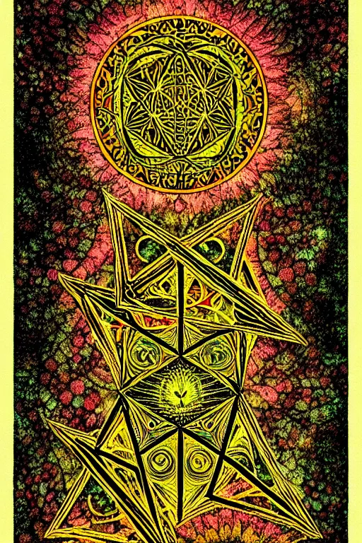 Image similar to a template of a tarot card, psychedelic, lsd, old, paper texture, da vinci code, sacred geometry, mushrooms,