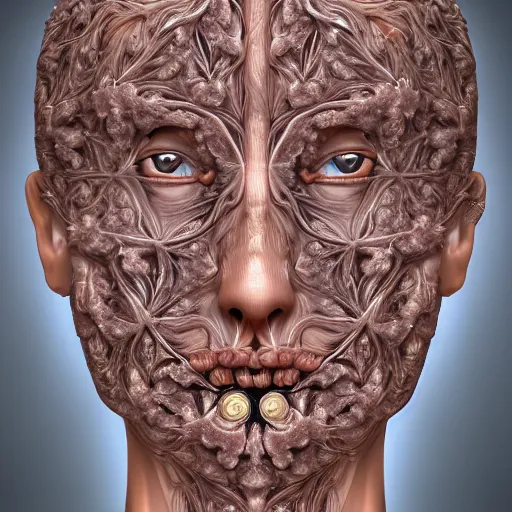 Image similar to face portrait of a beautiful woman, 150 mm, anatomical, flesh, flowers, mandelbrot fractal, veins, arteries, symmetric, intricate, golden ratio, full frame, microscopic, elegant, highly detailed, ornate, ornament, elegant , luxury, beautifully lit, ray trace, octane render in the style of peter Gric , alex grey and Romero Ressendi