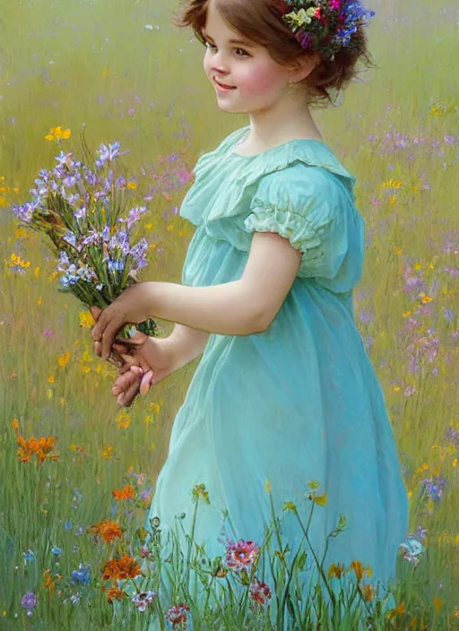 Prompt: a cute little girl with a round cherubic face, blue eyes, and short wavy light brown hair smiles as she stands in a field of colorful wildflowers. she is wearing a turquoise dress and holding a bouquet of wildflowers. beautiful painting by artgerm and greg rutkowski and alphonse mucha