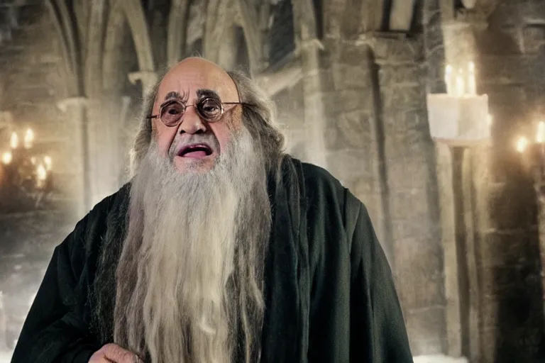 Image similar to film still of Danny DeVito as Albus Dumbledore in Harry Potter