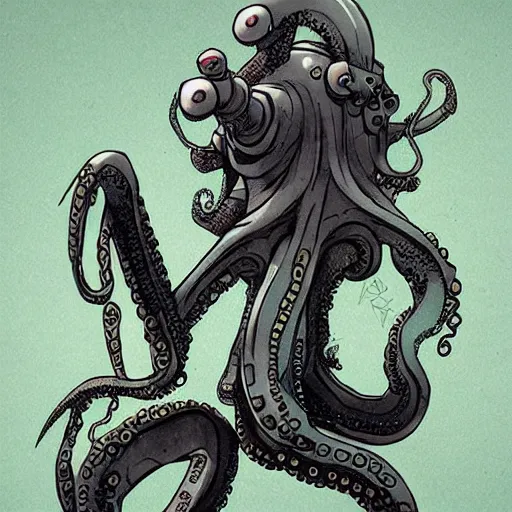 Prompt: a cyberpunk octopus, in the style of Ashley Wood, banksy and Moebius