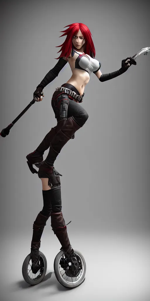 Image similar to Katarina from League of Legends on a unicycle, photorealistic full body, studio lighting, unreal engine 5, hyperrealistic, dynamic lighting, white ambient background, realistic, highly detailed