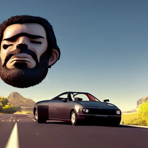 Image similar to Giant head of David Copperfield, dark hair, heavy eyebrows, on a robotic car with wheels running on a californian highway, rays of light, particles light, kuvshinov ilya, unreal engine