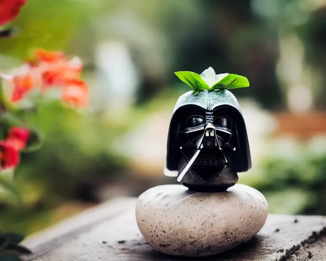 Prompt: 8 5 mm photography of darth vader as an avocado near a garden with sand with dof and bokeh and flowers