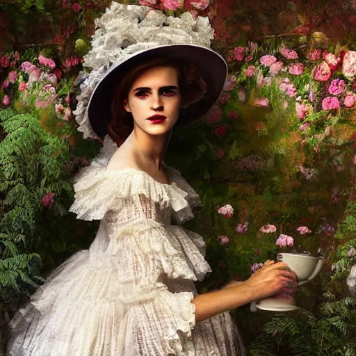 Image similar to painting on washed out on worn out canvas rough textured canvas wall full body fashion model emma watson smokey eyes makeup eye shadow fantasy, glow, shimmer as victorian woman in a long white frilly lace dress and a large white hat having tea in a sunroom filled with flowers, roses and lush fern flowers ,intricate, night, highly detailed, dramatic lighting , high quality