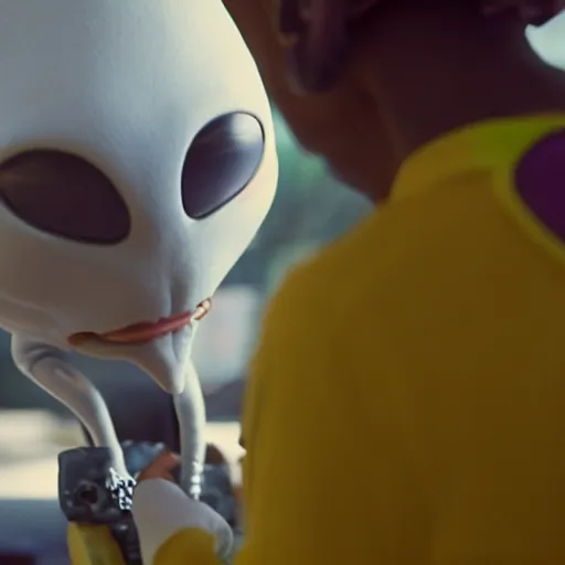 Image similar to cinematic film still of Pharrell Williams Making A Beat with an anthropomorphic alien, Japanese VFX, 2018, 400mm lens, f1.8, shallow depth of field,film photography