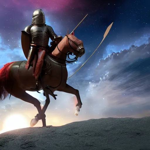 Prompt: A knight holding a sword while riding in a horse through the galaxy, hyperrealistic, 8K, octane render, highly detailed, volumetric lighting