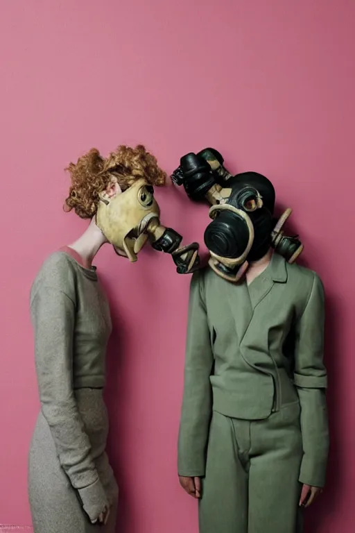 Image similar to a surreal portrait of intertwined and contorted figures wearing gas mask next to a pink wall in the style of brooke didonato, editorial fashion photography from vogue magazine, full shot, nikon d 8 1 0, ƒ / 2. 5, focal length : 8 5. 0 mm, exposure time : 1 / 8 0 0, iso : 2 0 0