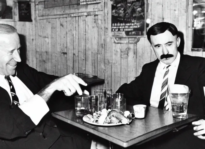 Prompt: Joe Biden and Adolf Hitler, having dinner at a Dive bar restaurant, award winning cinematic photography, 50 mm, blurred background, trending on twitter