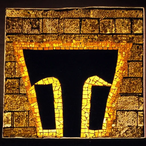 Prompt: from outside looking within the dimly lit ancient temple, punisher symbol in the form of a detailed tile floor mosaic in the form of punisher symbol in spotlight