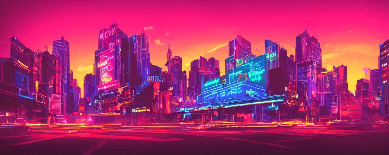 Prompt: night city, neon lights, glow, retrowave style, sunset, photorealism