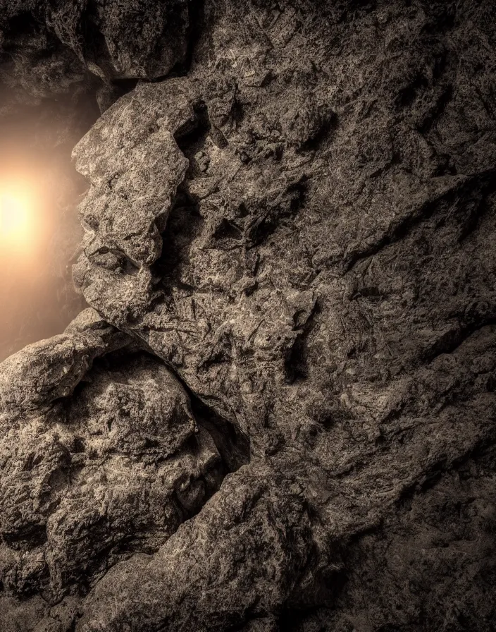 Image similar to high resolution photo of a complex rock creature, dramatic lighting, black background