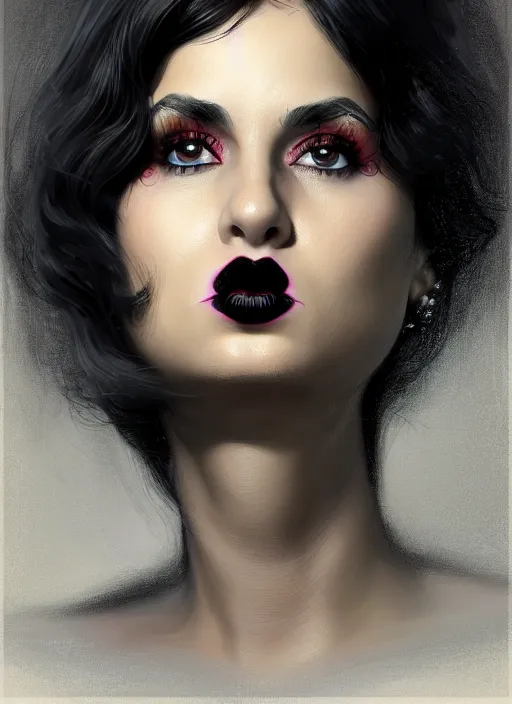 Prompt: portrait of a plump isreali woman with a crooked nose and a confident expression, 1 9 6 0 s, black clothes, goth, punk, brightly coloured hair, funk, intricate, elegant, highly detailed, digital painting, artstation, concept art, smooth, sharp focus, illustration, art by wlop, mars ravelo and greg rutkowski