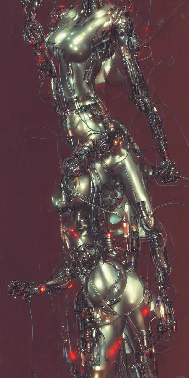 Prompt: beauty Blade Runner woman, robotic, cyberpunk, neon laser eyes, lots of cables and wiring, electrical details, trending on artstation, by Hajime Sorayama and Boris Vallejo