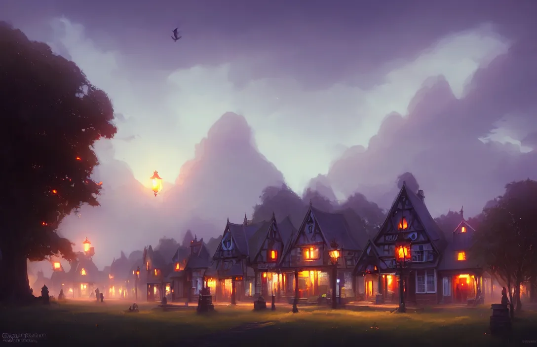 Prompt: victorian village green, small houses, blue sky, fantasy, concept art, low angle, highly detailed, warm lighting, volumetric, godrays, vivid, trending on artstation, by jordan grimmer, greg rutkowski