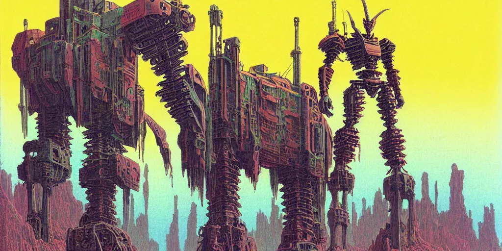 Prompt: grainy risograph matte painting of exotic animals on tall legs, gigantic huge mech with huge swords, pastel matte colors, staying in the toxic canyon, by moebius, hyperrealism, intricate detailed