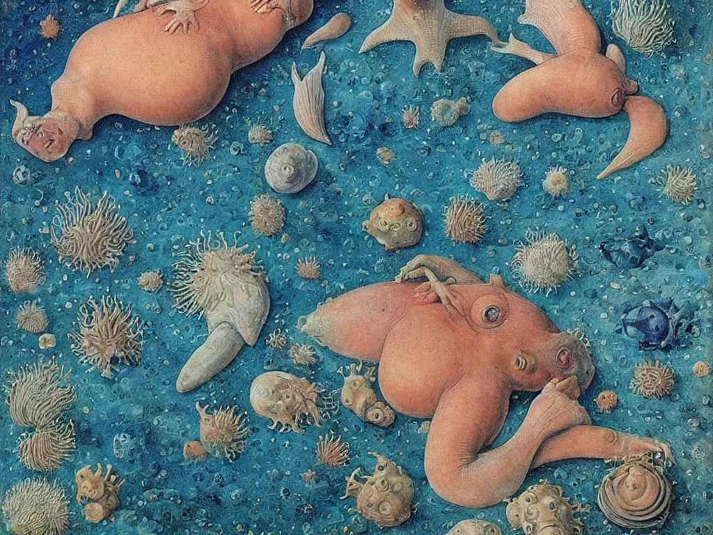Prompt: Pregnant albino woman at the bottom of the ocean. Starfish, urchins, copepods, sea weed, rust, glowing eyes, phosphorescent cuttlefish. Painting by Lucas Cranach, Rene Magritte, Jean Delville, Max Ernst, Maria Sybilla Merian