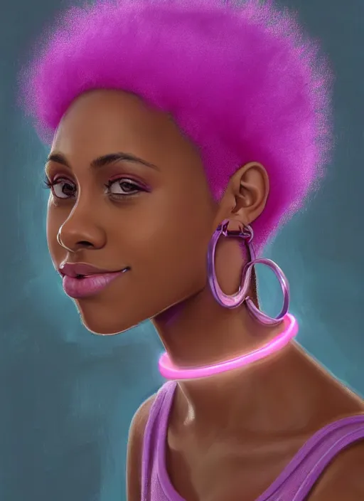 Image similar to portrait of vanessa morgan, black teenage girl, pink hair, wavy pixie haircut, purple newsboy cap, fluffy pink hair coming out from under cap, hoop earrings, subtle confident smile, intricate, elegant, glowing lights, highly detailed, digital painting, artstation, concept art, sharp focus, illustration, art by wlop, mars ravelo and greg rutkowski