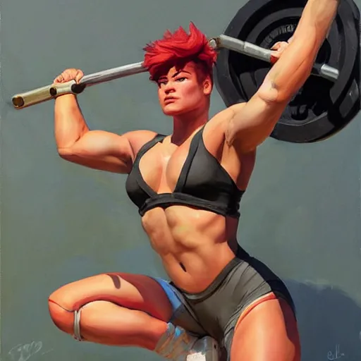 Prompt: greg manchess portrait of weightlifter zarya from overwatch, medium shot, asymmetrical, profile picture, organic painting, sunny day, matte painting, bold shapes, hard edges, street art, trending on artstation, by huang guangjian and gil elvgren and sachin teng